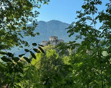 Malerischer Blick auf eine historische Burgruine, umgeben von dichtem Wald und Bergen.