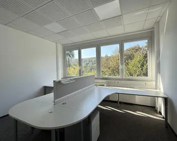 Helles Büro mit großem Schreibtisch und Blick ins Grüne, ausgestattet mit Akustikdecke.