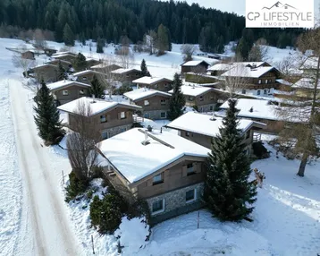 Luftaufnahme einer Gruppe von verschneiten Chalets in einer idyllischen Berglandschaft mit Wald im Hintergrund.