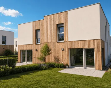 Modernes Reihenhaus mit Holzfassade, Garten und Terrasse unter blauem Himmel.