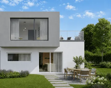 Moderne Architektur mit Flachdach, großzügigem Garten und gemütlicher Außenterrasse.