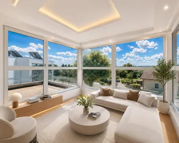 Lichtdurchflutetes Wohnzimmer mit Panoramafenstern, moderner Einrichtung und weitem Ausblick.