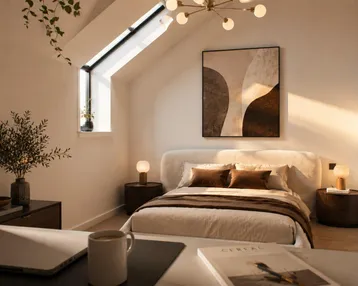 Helles Schlafzimmer mit Dachschräge, gemütlichem Bett und modernem Schreibtischbereich.