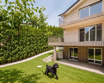 Gepflegter Gartenbereich mit Rasenfläche und moderner Gebäudefassade, ideal für Haustiere und Entspannung.