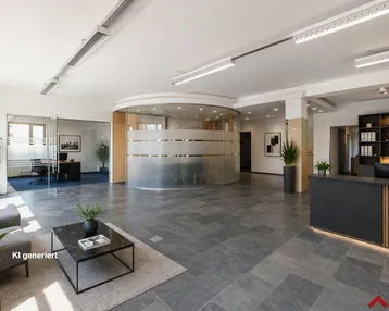 Modernes Büro-Foyer mit Empfangsbereich, Sitzgelegenheiten und Glaswänden für Besprechungsräume.