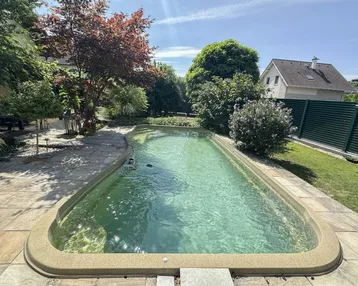 Großer Außenpool umgeben von einer gepflasterten Terrasse und üppigem Grün im Garten.