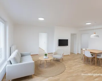 Helles Wohn-Esszimmer mit Parkettboden, modernen Möbeln und großen Fenstern, als Einrichtungsbeispiel dargestellt.