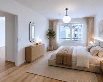 Modernes Schlafzimmer mit hellem Holzboden, großem Fenster und stilvoller Einrichtung in neuwertigem Zustand.