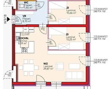 Grundriss einer Wohnung mit drei Zimmern, offener Küche, Bad, separatem WC und großer Terrasse.
