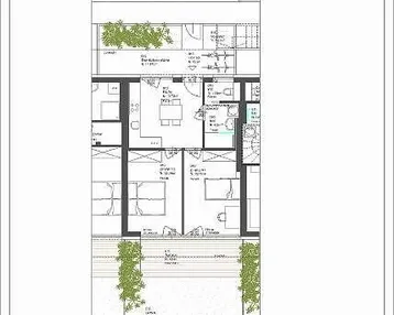 Grundriss einer Wohnung mit mehreren Zimmern und angrenzenden Außenbereichen wie Balkon und Garten.