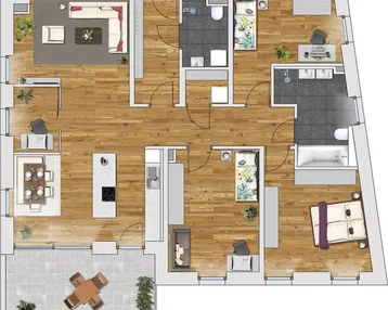 Detaillierter Grundriss einer Wohnung mit mehreren Zimmern, offener Küche und Balkon.