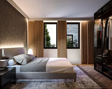 Modernes Schlafzimmer mit dunklen Wänden, Holzakzenten und integriertem Kleiderschrank.