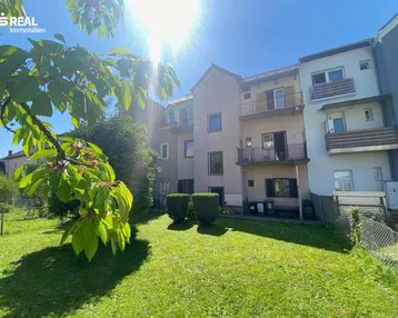 Sonniger Gartenbereich mit Rasenfläche und Blick auf die Rückseite des Mehrfamilienhauses.
