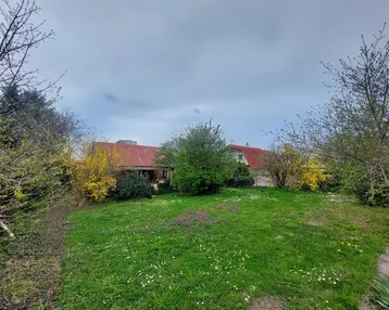 Großer Gartenbereich mit Rasenfläche, blühenden Sträuchern und Blick auf das Haus unter bewölktem Himmel.