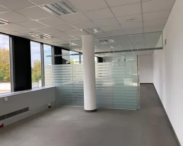Geräumiges, leeres Büro mit großen Fenstern, Glaswänden und abgehängter Decke, ideal für moderne Arbeitsumgebungen.