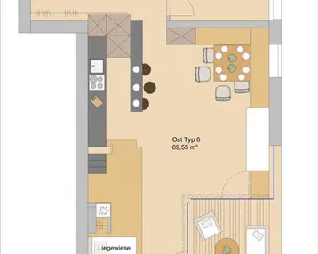 Detaillierter Grundriss einer Wohnung mit offenem Wohnbereich, Schlafzimmer, Bad und Loggia.