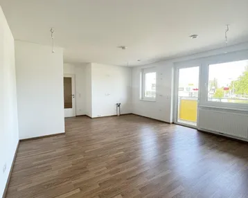 Heller, leerer Wohnbereich mit Laminatboden und Zugang zu einem Balkon.