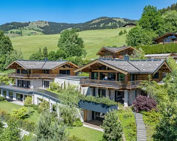 Luxuriöse Chalets in alpiner Landschaft mit grünen Hügeln und bewaldeten Bergen im Hintergrund.