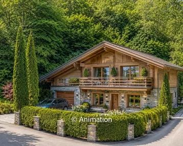 Modernes Holzchalet mit Steinfassade, Balkon und gepflegtem Vorgarten in grüner Umgebung.