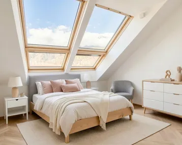 Helles Schlafzimmer im Dachgeschoss mit großen Dachfenstern und modernem Interieur.
