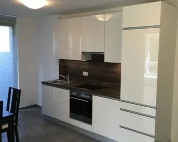 Moderne Küche mit weißen Hochglanzfronten, integrierten Geräten und Fliesenboden.