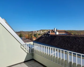 Geräumige Dachterrasse mit weißem Geländer und weitem Blick über die Landschaft und Dächer.