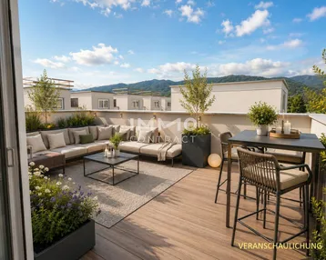 Großzügige Dachterrasse mit modernen Gartenmöbeln und weitem Blick auf die Berge.