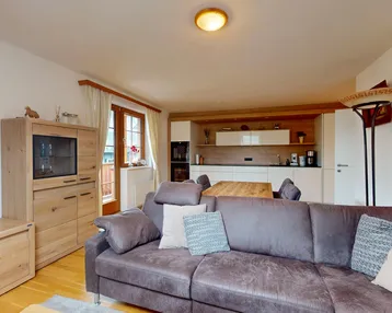 Gemütlicher Wohnbereich mit Sofa und offener Küche in modernem Design.
