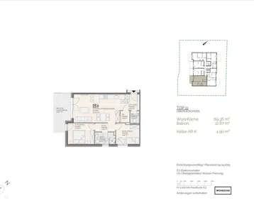 Grundriss der Wohnung TOP 11 im Obergeschoss mit offenem Wohnbereich und Balkon.