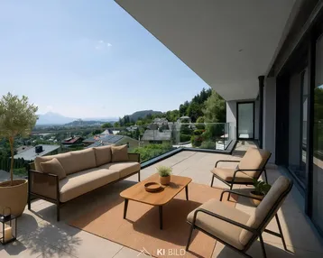 Geräumige Terrasse mit modernen Outdoor-Möbeln und weitem Blick über die Stadt und Berge.