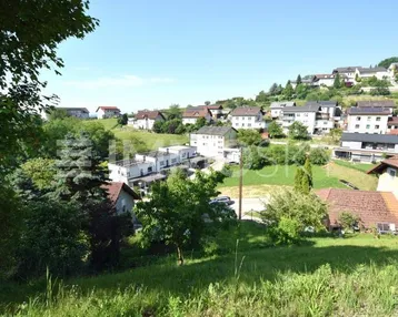 Panoramablick auf eine grüne Wohnsiedlung am Hang mit mehreren Häusern unter blauem Himmel.