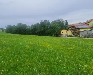 Weitläufige grüne Landschaft mit einem gelben Haus und Solaranlage im Hintergrund unter bewölktem Himmel.
