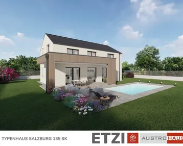 Moderne Hausvisualisierung mit Garten, Pool und Terrasse für entspanntes Wohnen im Grünen.