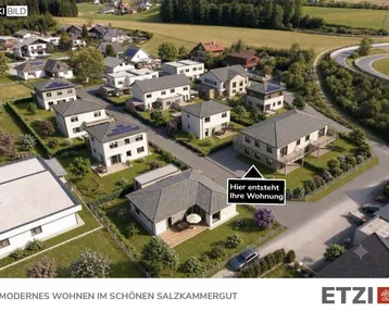 Luftaufnahme einer modernen Wohnsiedlung mit mehreren Häusern und Grünflächen in ländlicher Umgebung.