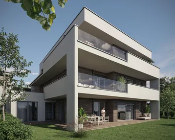 Moderne Wohnanlage mit großzügigen Terrassen und Balkonen, umgeben von Grünflächen.