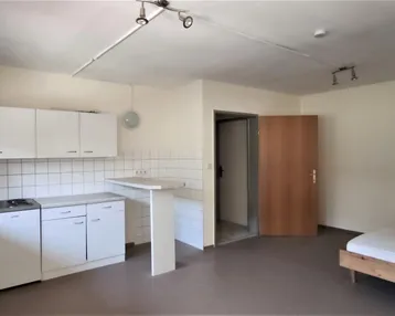 Helles Studio-Apartment mit integrierter Küchenzeile und Schlafbereich, ideal für Singles.