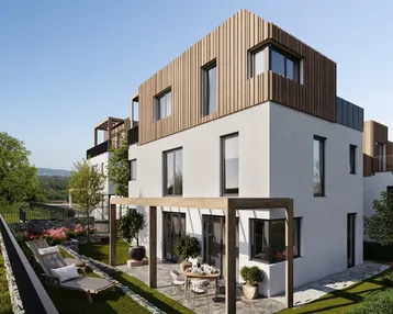 Moderne Architektur mit Holzfassade und einer möblierten Terrasse im Grünen, umgeben von Natur.