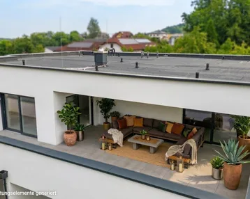 Moderne Dachterrasse mit bequemen Loungemöbeln und Blick ins Grüne, ideal zum Entspannen.