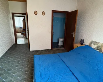 Schlafzimmer mit Teppichboden, Holzdecke und Zugang zu einem Badezimmer.