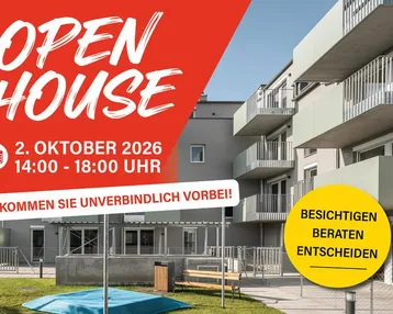 Modernes Mehrfamilienhaus mit Balkonen und Grünfläche, beworben als Open House.