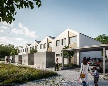 Visualisierung einer modernen Reihenhaussiedlung mit Carports und grüner Umgebung.