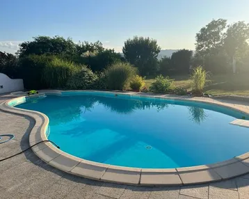 Großzügiger Außenpool mit blauer Wasseroberfläche, umgeben von einer gepflegten Gartenlandschaft unter blauem Himmel.