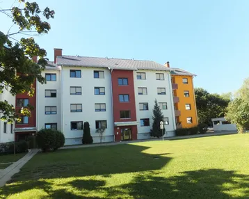Mehrfamilienhaus mit farbiger Fassade und Grünflächen in sonniger Umgebung, umgeben von Bäumen.