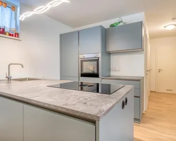 Moderne Küche mit hellblauen Schränken, Kücheninsel und integriertem Induktionskochfeld.
