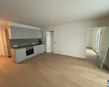 Moderne offene Küche mit hellgrauen Schränken und Parkettboden in einem Wohnbereich.