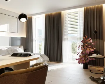 Modernes Schlafzimmer mit großen Fenstern, Holzboden und Bergblick in einem stilvollen Ambiente.