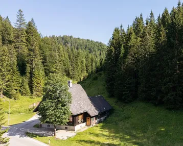 Haus in alpiner Umgebung, umgeben von dichten Wäldern und grünen Hügeln.