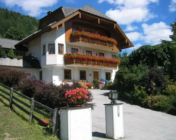 Traditionelles Haus im alpinen Stil mit blühenden Blumenkästen an den Holzbalkonen und grüner Umgebung.