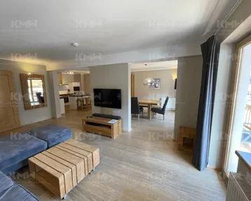 Offener Wohnbereich mit bequemer Couch, Holztisch und Blick auf den Essbereich und die Küche.