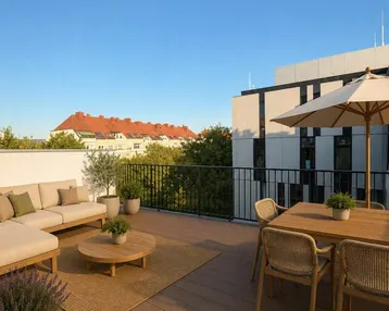 Geräumige Dachterrasse mit modernen Outdoor-Möbeln, Essbereich und weitem Blick über die Stadt.